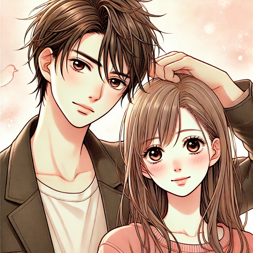 A romantic manga-style illustration of a young couple gazing into each other's eyes closely, with the young woman having long, straight hair and a soft expression, and the young man with short hair styled upward, a confident smile, and a gentle touch on the woman's cheek. The background should be colorful and dynamic, with splashes of pastel tones that create a lively and energetic atmosphere, typical of contemporary Japanese shojo manga. The overall style should convey a sense of youthful romance and passion.