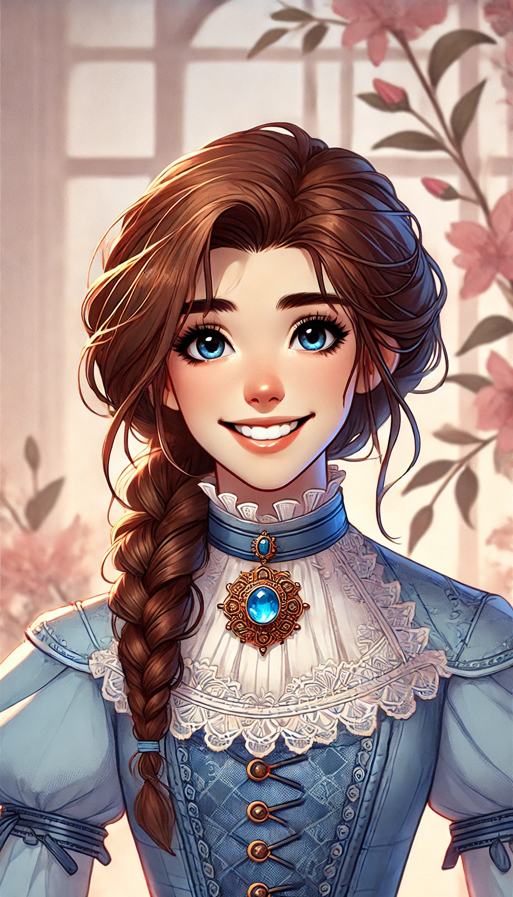 A detailed portrait of a smiling young woman with brown hair, styled in a braided updo. She is wearing a blue Victorian-style dress with a high collar and a large gemstone pendant at her neck. The background is soft with light pink flowers, creating a warm and cheerful atmosphere. Her expression is friendly and joyful, with bright eyes and a gentle smile. The overall mood of the image is uplifting and serene, capturing the character's elegance and happiness.