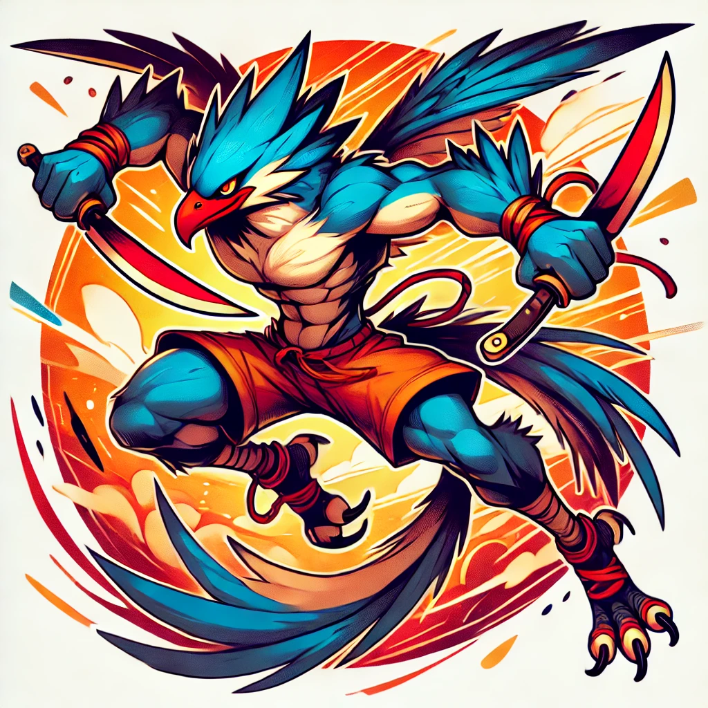 An illustration featuring a muscular anthropomorphic bird-like character with blue feathers, wearing shorts and holding two sharp red-bladed daggers. The character is in an action pose, leaping forward with dynamic movement, and surrounded by a vibrant, energetic background with warm colors like orange and yellow. The style is inspired by manga with fluid lines and expressive details. No text is included.