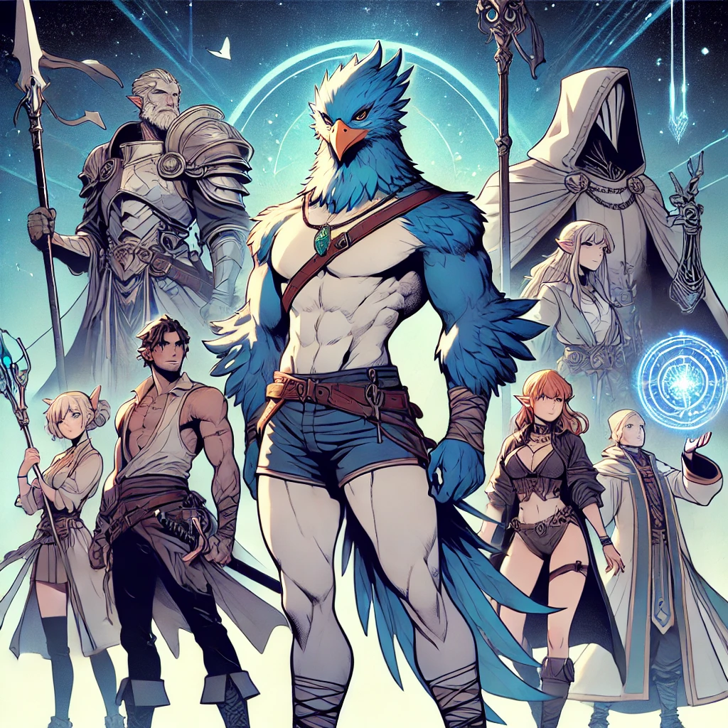 An illustration of a group of diverse characters standing together. The central figure is a tall, muscular bird-like character with blue feathers, wearing shorts and standing confidently. Surrounding the central figure are several other characters, including a warrior woman with a spear, a knight in full armor with a large sword, and a mage with magical attire. The background has a futuristic and mystical atmosphere with blue tones and a slight glow, enhancing the dynamic and powerful presence of the group. The style is inspired by manga with strong outlines and detailed designs. No text is included.