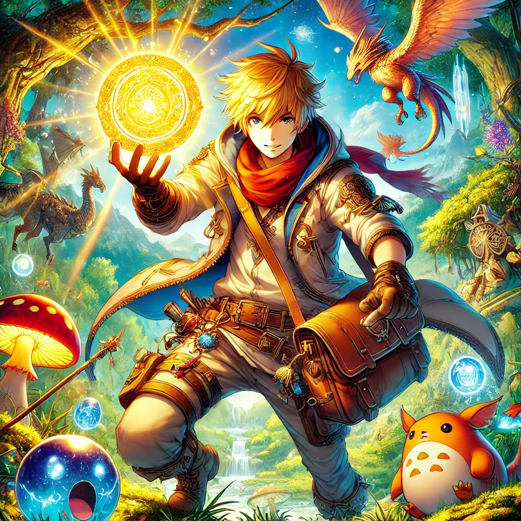 A dynamic and detailed illustration similar to a fantasy manga cover, featuring a young man in adventurer's clothing holding up a glowing orb with determination. He is surrounded by a vibrant forest setting with fantastical creatures such as a small dragon and various magical animals. The man is standing confidently, with a satchel and other adventurer gear. The scene is action-packed with bright, vibrant colors and a sense of movement. The art style should resemble manga with intricate character design and a lively atmosphere. No text should be included in the image.