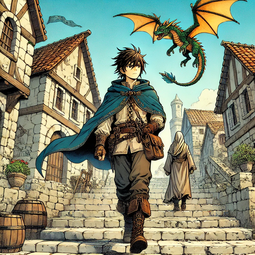 A detailed illustration similar to a fantasy manga cover, depicting a young man in adventurer's clothing walking up stone steps in a medieval town setting. He is accompanied by a small dragon flying beside him. Another character, wearing a long robe and facing away, walks ahead of him. The background includes stone buildings, blue sky, and a sense of a lively town atmosphere. The art style should resemble manga with detailed character design and a bright, harmonious color palette. No text should be included in the image.