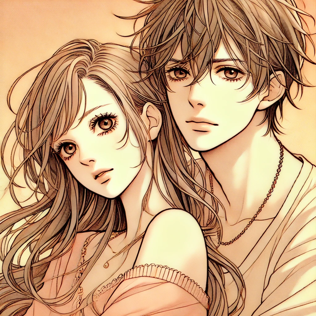 A romantic manga-style illustration of a young woman and a young man in a close, affectionate pose. The young woman has long flowing hair and a soft expression, looking slightly sideways, while the young man has short hair with a rebellious look, gently leaning towards her. Both characters have delicate facial features, with a warm, pastel background that enhances the romantic atmosphere. The style should be reminiscent of contemporary Japanese shojo manga, focusing on soft lines, expressive eyes, and a dreamy, emotional ambiance.