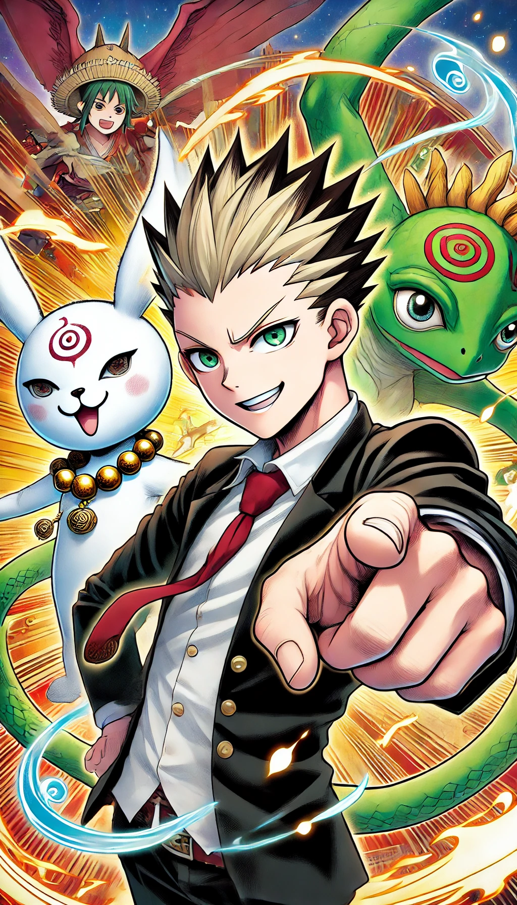 A manga-style illustration featuring a confident young male character with short spiky blonde hair, wearing a black suit and tie, pointing directly towards the viewer with a smirk. Behind him, a mythical creature resembling a white rabbit with red eyes and a necklace with golden beads, and a green turtle-like creature with a red swirl pattern on its shell. The background is vibrant, filled with dynamic elements that suggest a fantasy setting.