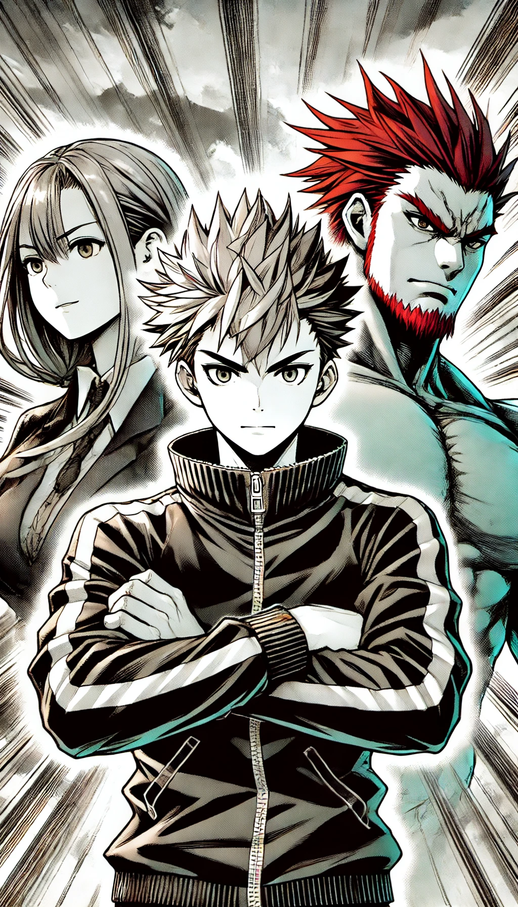 A manga-style illustration featuring a determined young male character with short spiky blonde hair, wearing a black zip-up jacket, standing with arms crossed in front of two imposing figures. Behind him, to the left, a female character with long red hair tied back and a serious expression. To the right, a muscular male character with a red beard and sharp eyes, wearing a dark outfit. The background is dynamic, suggesting a tense or powerful scene. The image should evoke a sense of strength and confrontation.