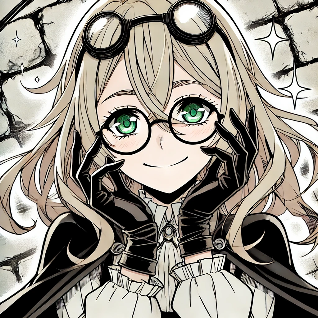 A manga-style illustration of a young female character with green eyes and light blonde hair, wearing round glasses on her head and black gloves. She is smiling and holding her hands together near her face in a cheerful and welcoming gesture. The character has a lively and friendly expression. The background includes a stone wall with abstract shapes or lines to create a dynamic atmosphere.