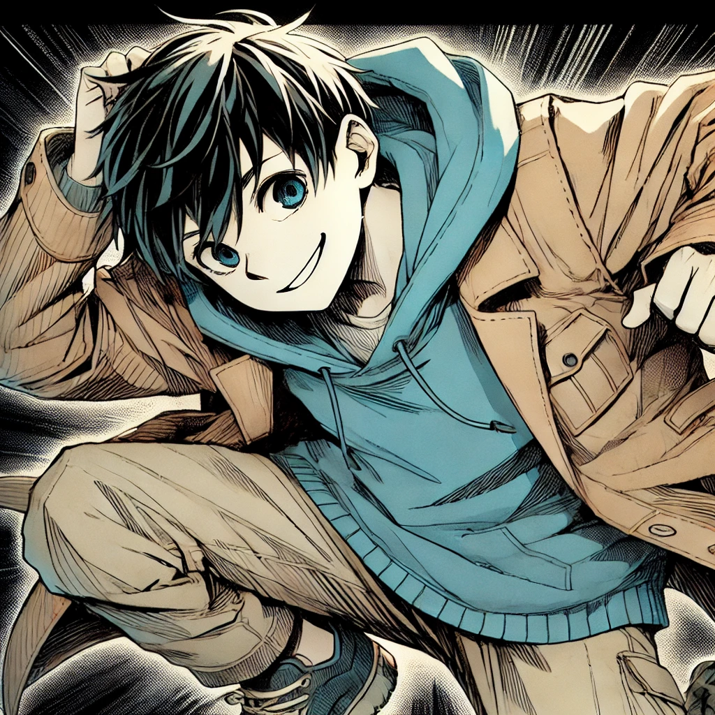 A manga-style illustration of a young male character with a mischievous grin, wearing a beige jacket and a blue hoodie, crouching with one hand touching his head in a playful gesture. The character has short, spiky black hair and is positioned dynamically, with a sense of motion as if he's leaning forward or getting ready to leap. The background is dark and intense, with abstract shapes or lines to create a sense of energy and action.