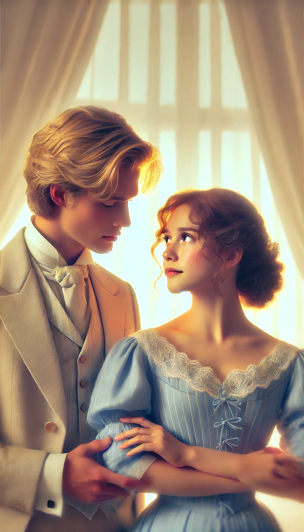 A romantic scene featuring a blonde man in a light formal suit and a brown-haired woman in a blue Victorian-style dress. The couple stands close together, gazing into each other's eyes with affection and a hint of surprise. The background is soft and pastel-toned, creating a dreamy atmosphere with gentle light filtering in. The man exudes a protective demeanor, while the woman appears slightly flustered yet captivated. The scene is intimate and romantic, capturing the tender emotions between the two.